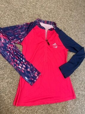 Women’s Long Sleeve Swim Tee - Hot Pink with Navy Splash Sleeves